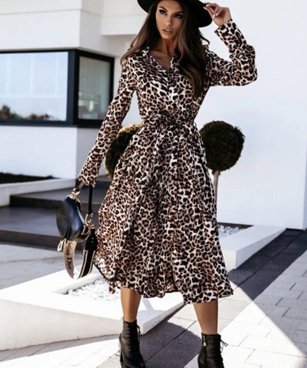 Ladies Printed Button Tie Long Sleeve Dress