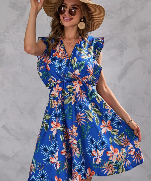 Ladies V-Neck Neck Waist Tie Print Dress