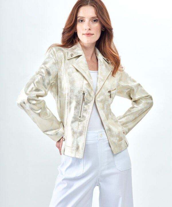 BCJ17681MPRE Gold Metallic Vegan Moto Leather Jacket