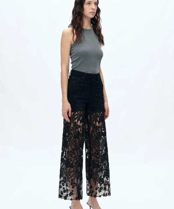 Bayeas BYW8090 Black Embroidery Wide Leg Lace Jeans With Rhinestone