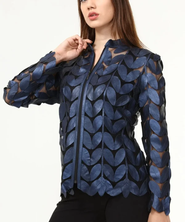 Belgin Francis Metallic Blue Leaf Design and Mesh Leather Jacket