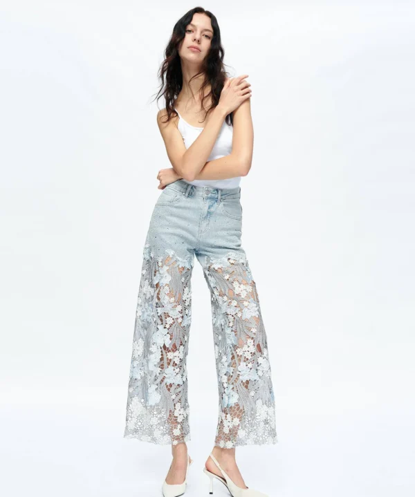 Bayeas BYW8090 Embroidery Wide Leg Lace Jeans With Rhinestone