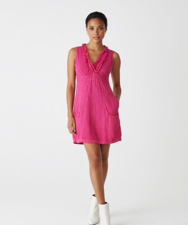 Look Mode 3131 Fuchsia Linen V Neck Triple Ruffle Top Dress