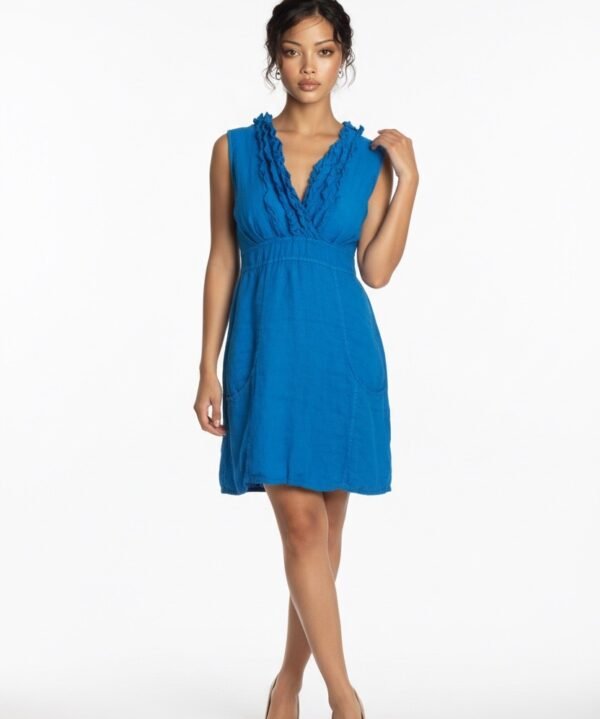 Look Mode 3131 Cobalt Blue Linen V Neck Triple Ruffle Top Dress
