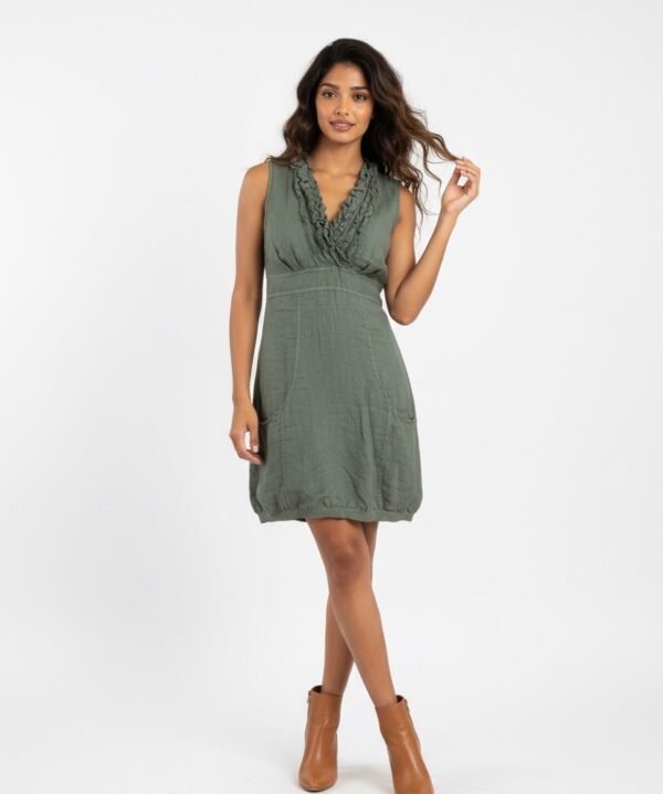 Look Mode 3131 Olive Linen V Neck Triple Ruffle Top Dress