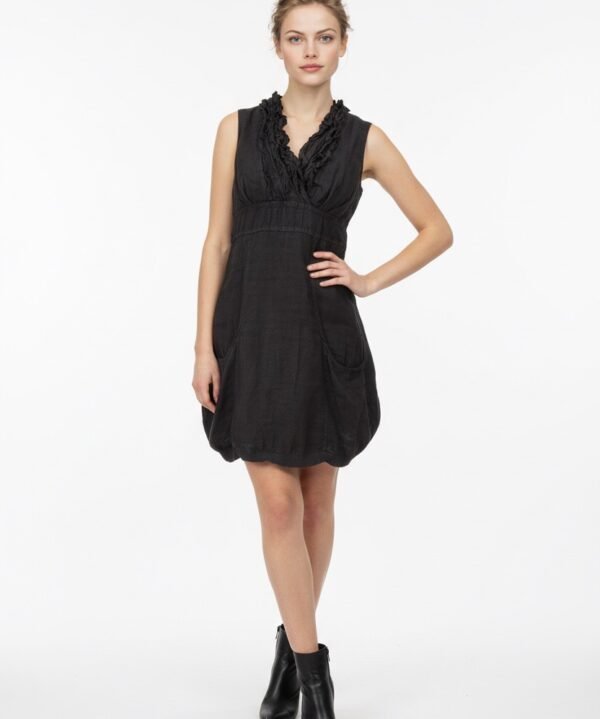 Look Mode 3131 Black Linen V Neck Triple Ruffle Top Dress
