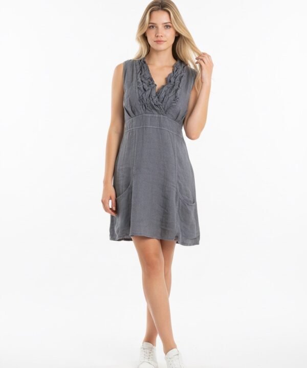 Look Mode 3131 Dark Blue Linen V Neck Triple Ruffle Top Dress
