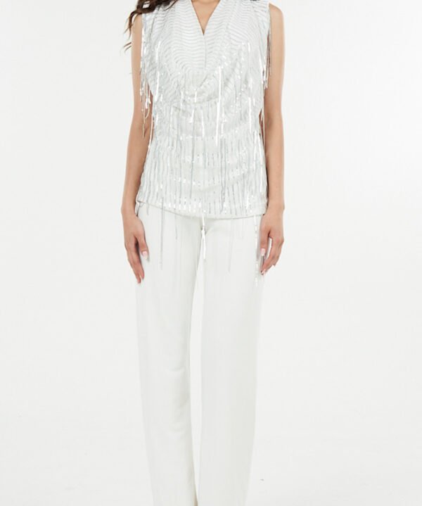 Julian Chang 1123 White Sleeveless Draped Cowl Neck Fringe Hally Top