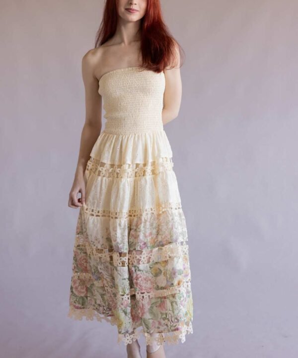 Strut & Bolt Floral Eyelet Lace Strapless Midi Dress