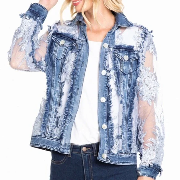AZI Z11225 Blue Denim and White Lace Short Jacket