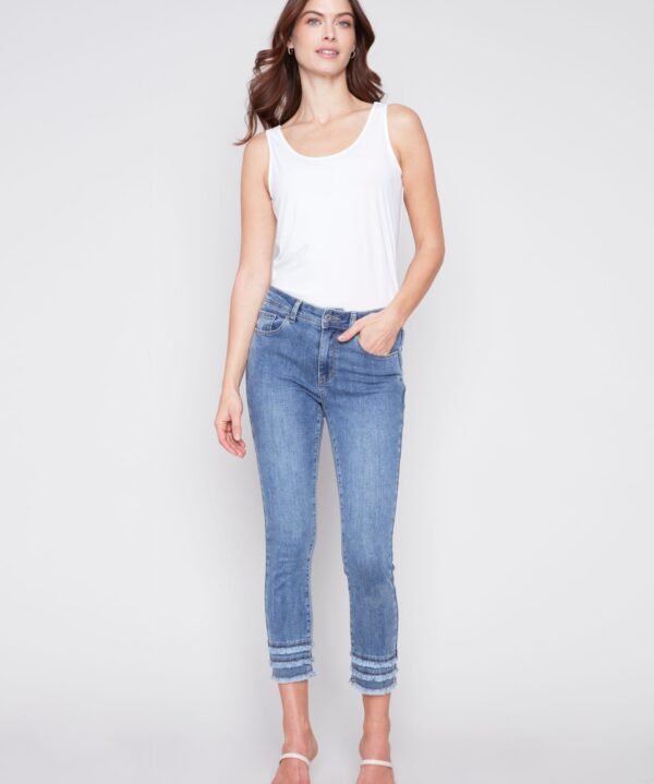 Charlie B C5147W-431A Medium Blue Frayed Hem Ankle Leg Jean