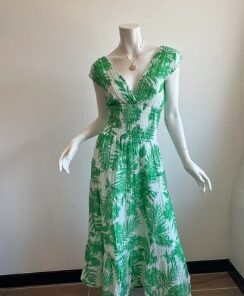 Felicite 3911-113P Smocked Green Palm Printed 100% Cotton Gauze Dress