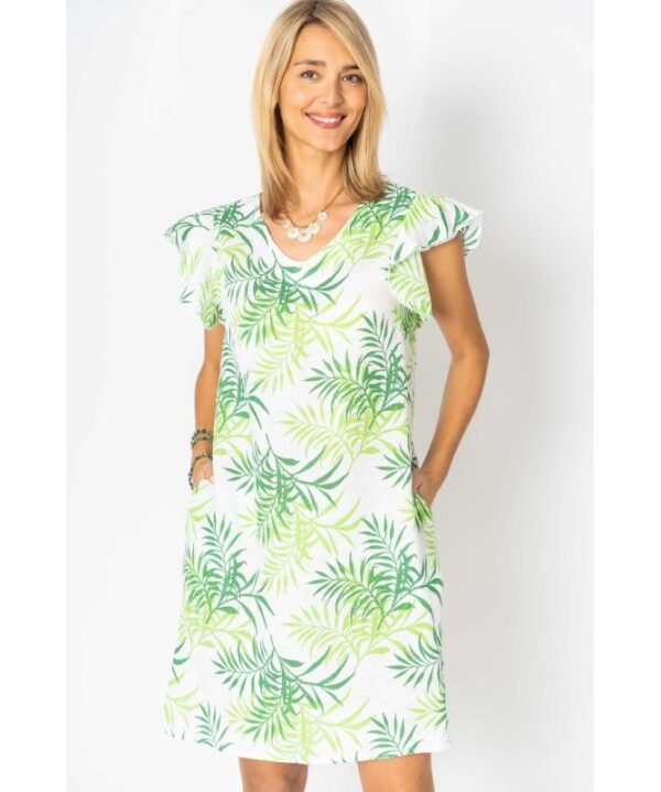 Look Mode 1313F Green Leaf Printed Linen Ruffled Cap Sleeve Dress