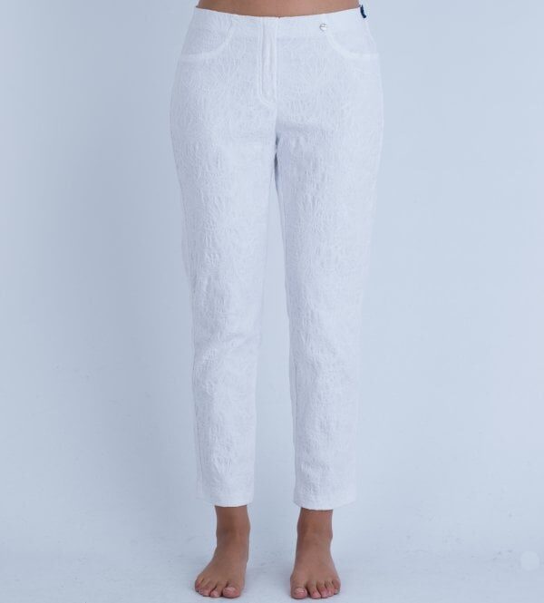 Robell 51560 Bell 09 White Pull On Leaf Jacquard Embroidery Pant