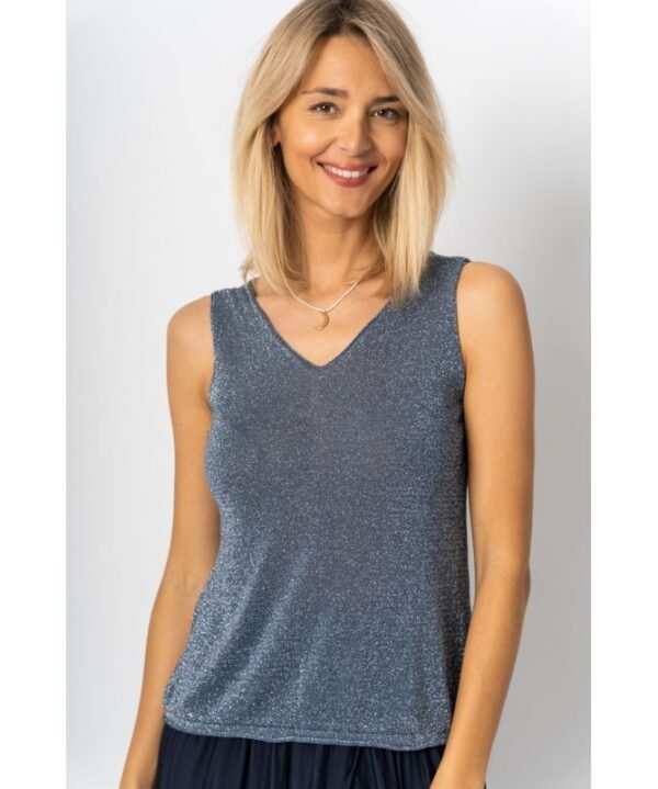 Look Mode 1946 Blue One Size Shimmer V Neck Tank