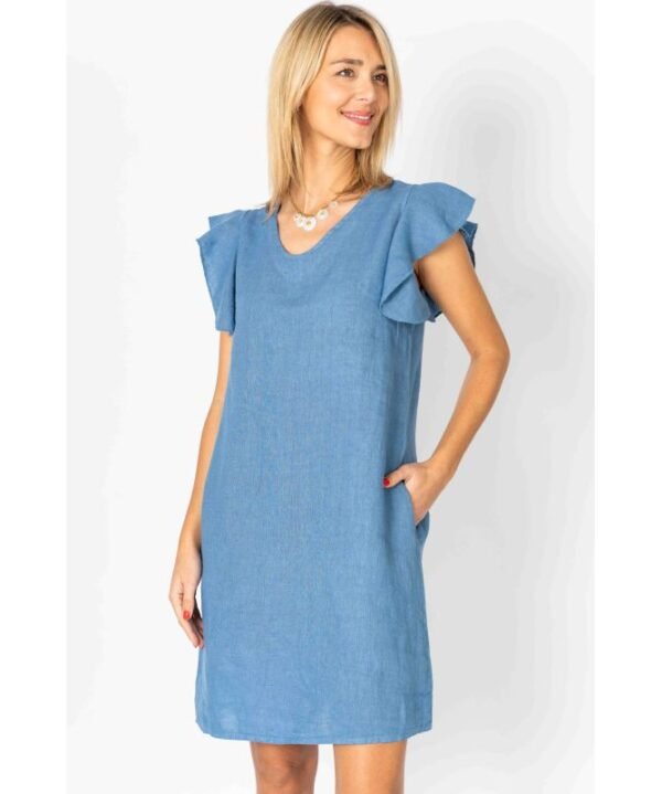 Look Mode 1313 Solid Blue Denim Linen Ruffled Cap Sleeve Dress